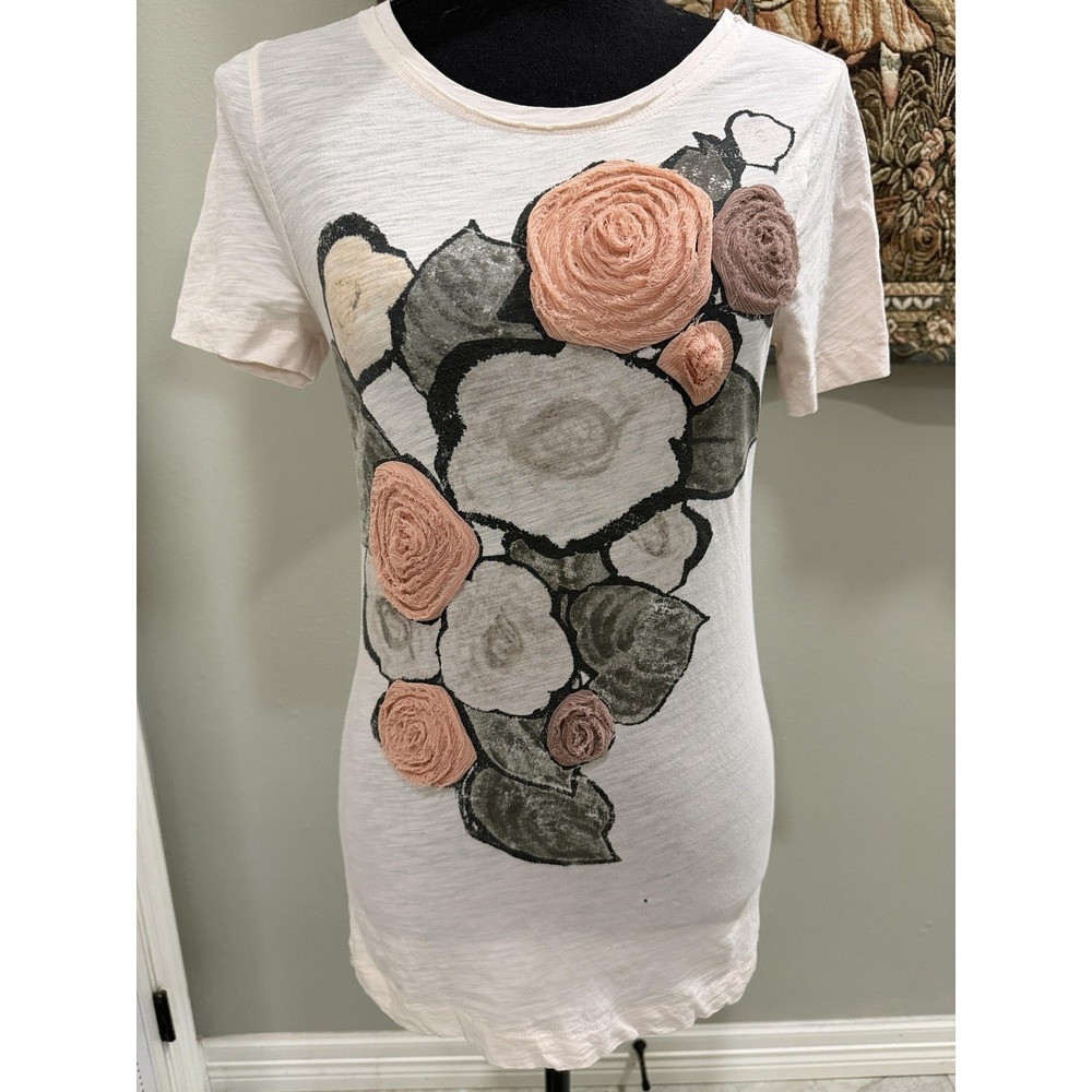 J.Crew Shirt Womens XS Pink Floral Applique Graphic Tee Ruffle Short Sleeve